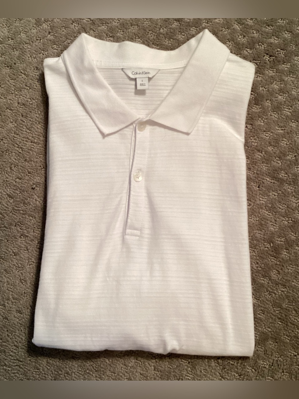 Calvin Klein White Polo/golf shirt w/Subtle Stripe Texture, 2 buttons, collar, L